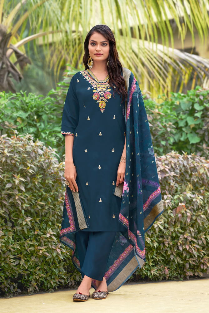 Nusrat By Ossm Viscose Roman Silk Embroidery Kurti With Bottom Dupatta Wholesalers In Delhi